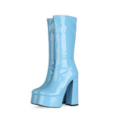 Bold Patent Leather Knee High Platform Chunky Heel Boots - Blue